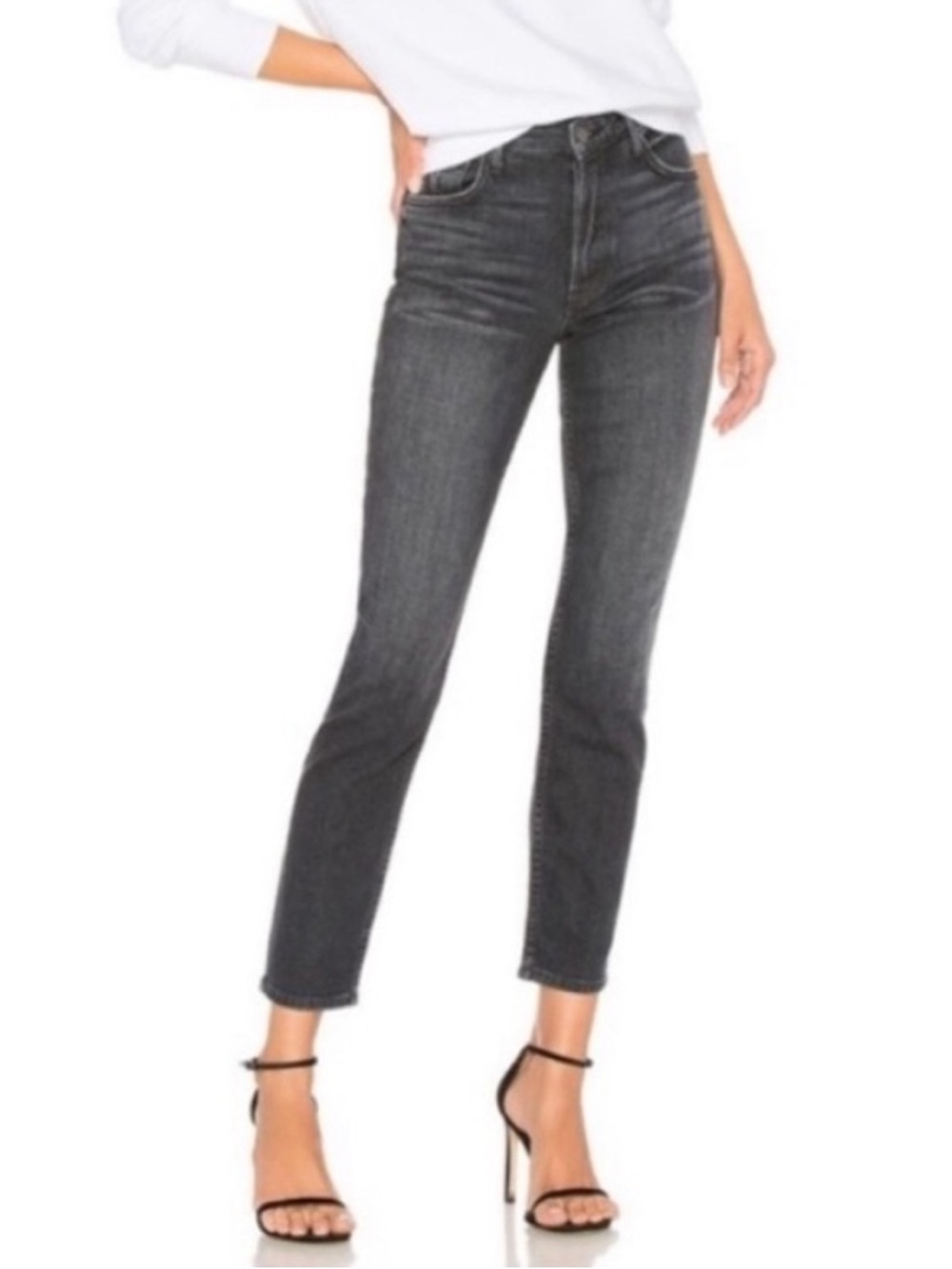 GRLFRND Kiara Mid Rise Straight Jeans Get Lost Wash Black Distressed Raw Hem 27